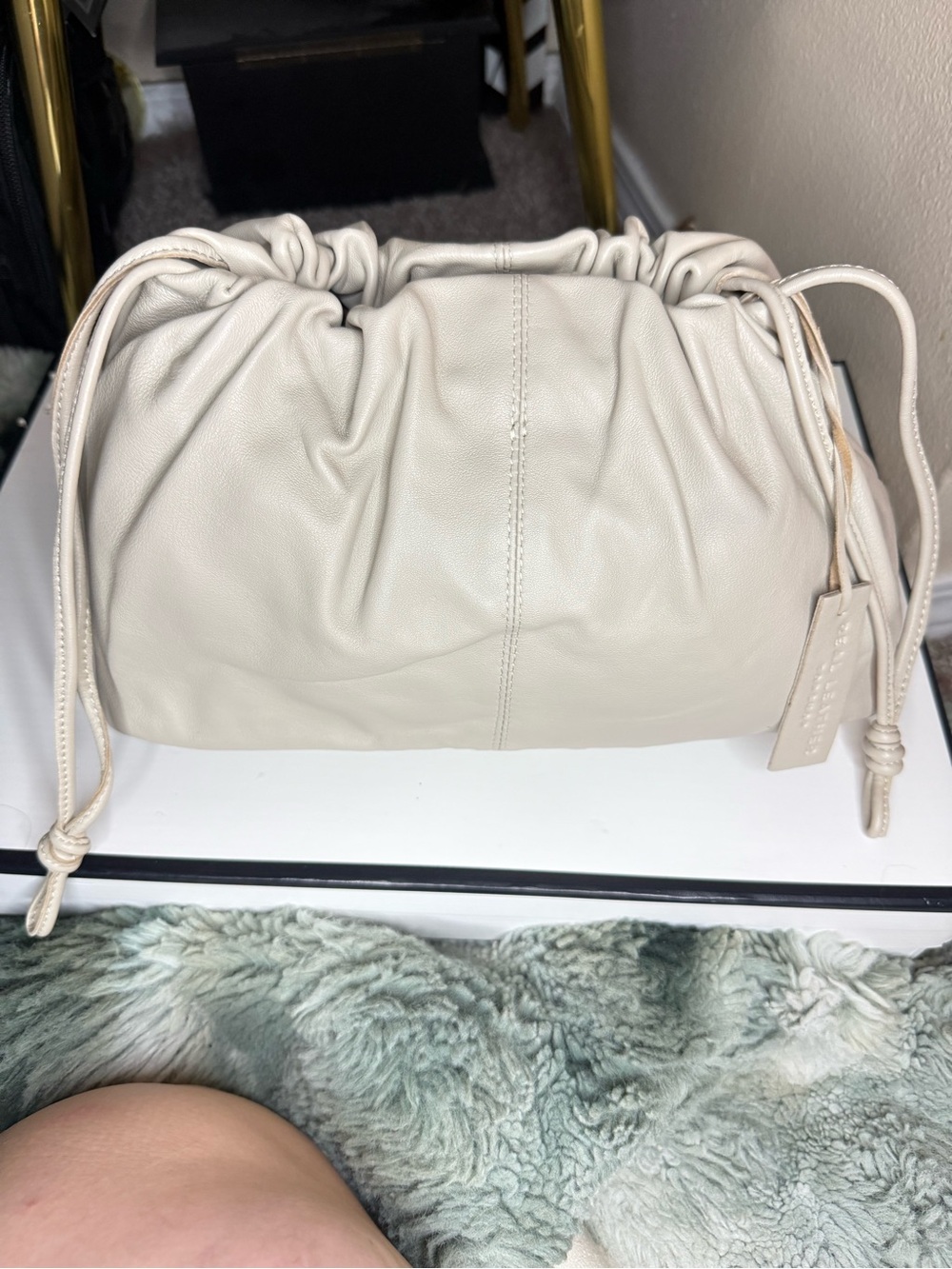 Topshop Cream Real Leather Drawstring Shoulder Bag